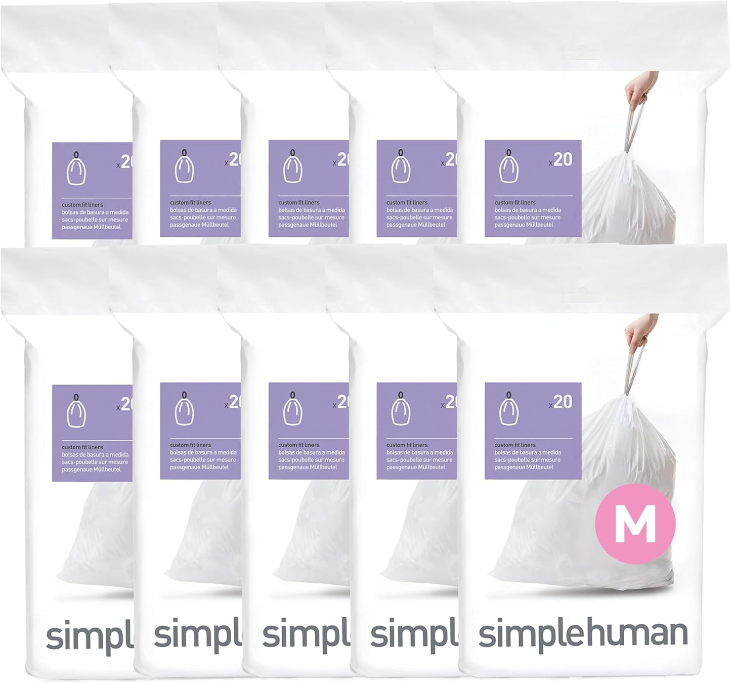simplehuman Code M 200 Count Custom Fit Liners for Trash Cans
