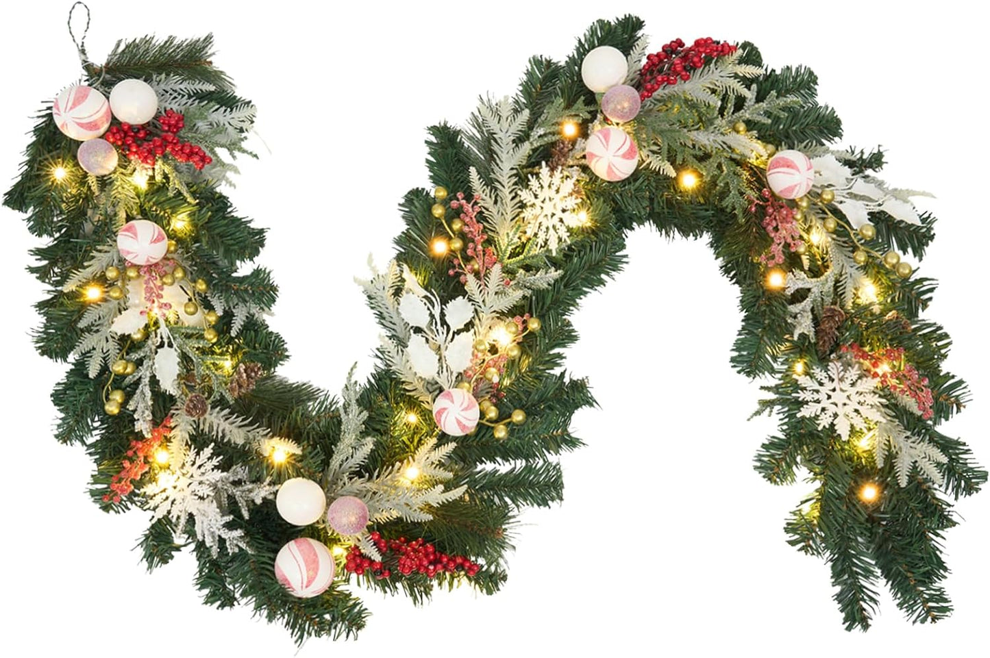 6ft Red White Christmas Candy Garland with Lights for Decor