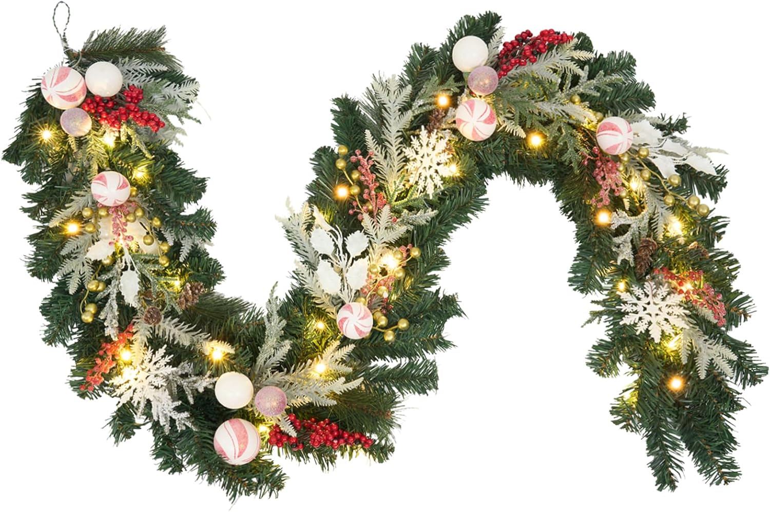 6ft Red White Christmas Candy Garland with Lights for Decor