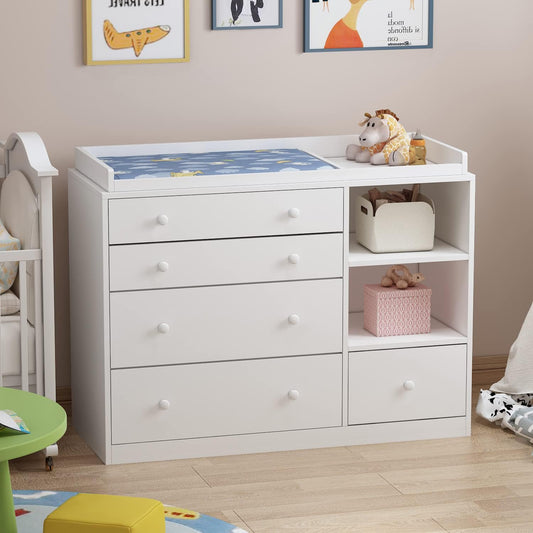 AIEGLE Nursery Baby Dresser with 5 Drawers & Storage Shelves