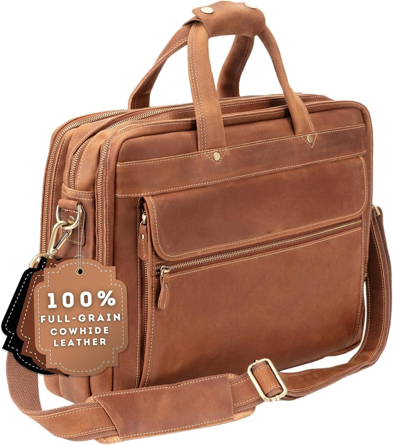 Luxorro Full Grain Leather Briefcase for Men - Light Brown Style