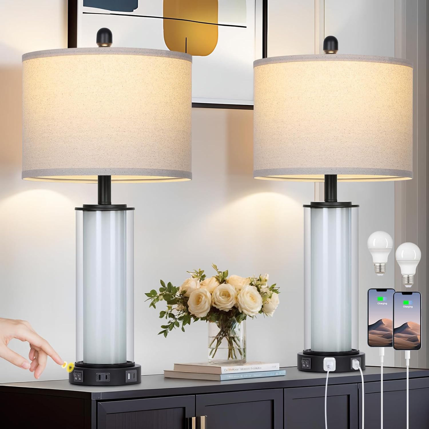 Black Glass Table Lamps Set of 2 with USB Ports and Night Light