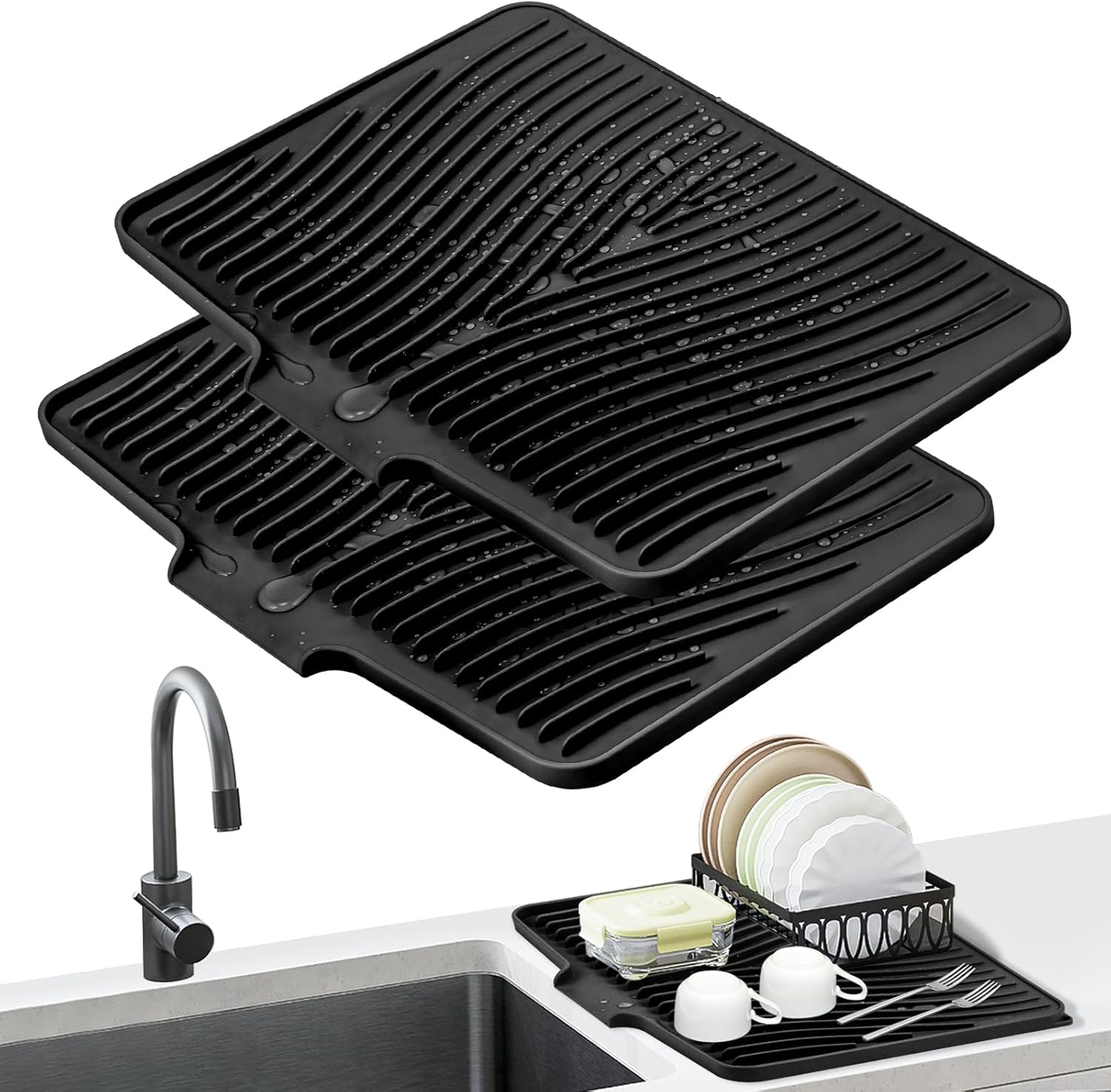 Dish Drying Mat Set for Kitchen Counter with Built-in Drain