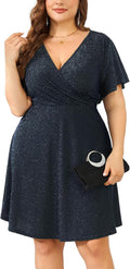 Plus Size Sparkly Wrap V Neck A Line Mini Dress - Flattering Fit