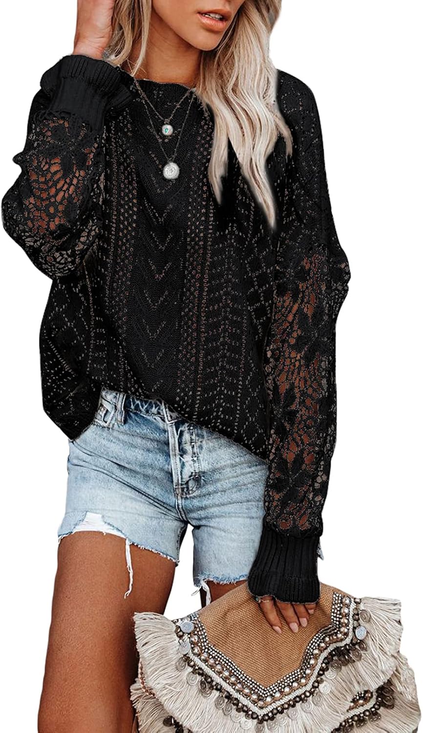 Dokotoo Womens Crochet Lace Long Sleeve Sweater for Fashion