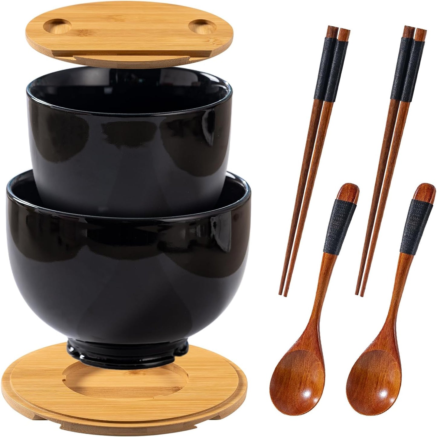 ALJU Porcelain Soup Bowls 2-Pack Set | Microwave & Dishwasher Safe | Includes Lids, Chopsticks, Spoons