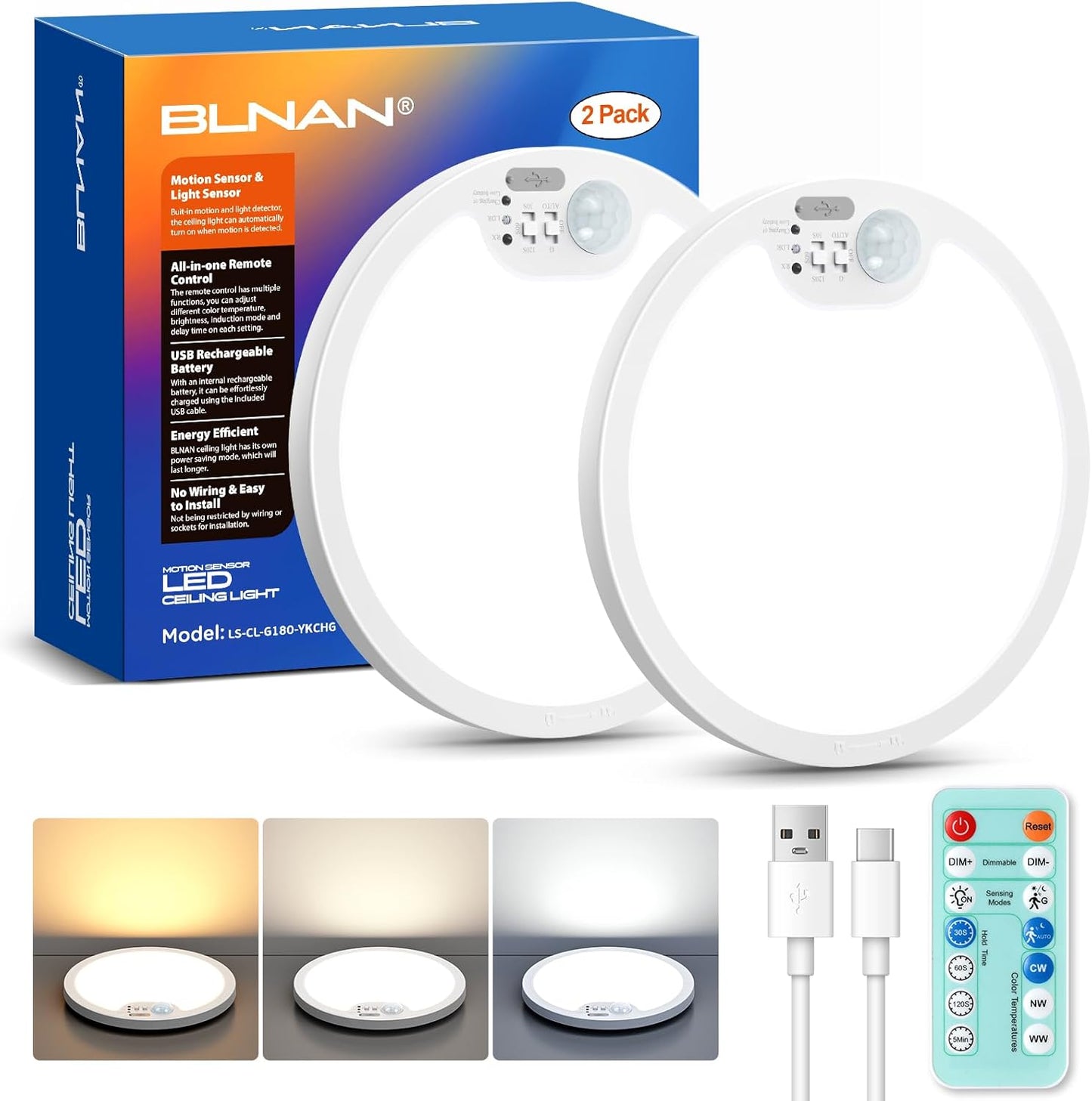 Rechargeable Motion Sensor Ceiling Light with Remote Control