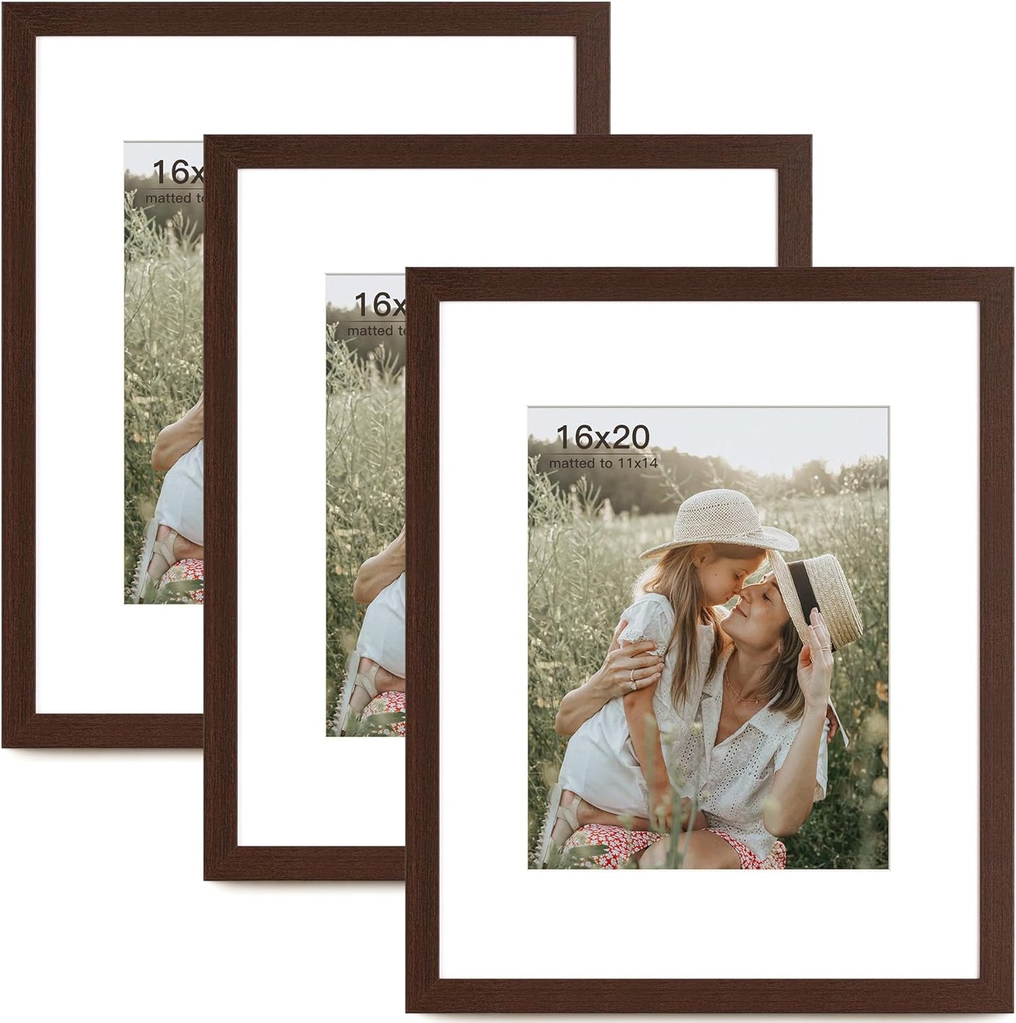 16x20 Picture Frame Set of 3 for 11x14 Photos, Dark Brown