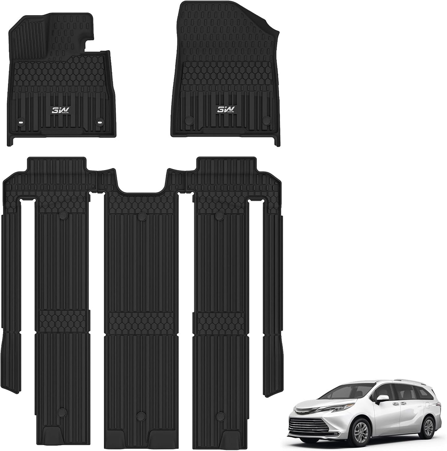 3W Floor Mats for Toyota Sienna 2021-2025, Custom Fit Black