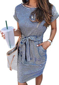 MEROKEETY Womens Striped Short Sleeve T Shirt Dress - Tie Waist
