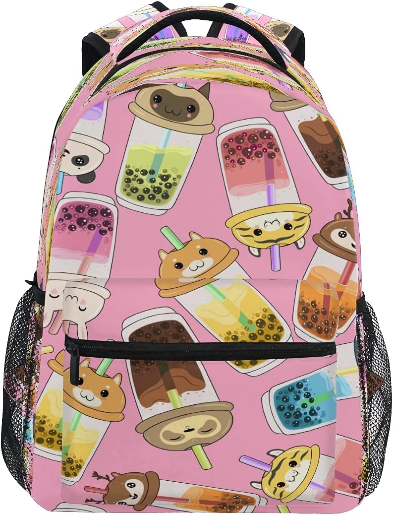 Kawaii Bubble Tea Print Computer Backpack for School Use