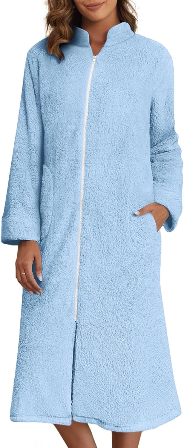 Ekouaer Women's Zip Up Robe: Warm Fleece Bathrobe with Pockets