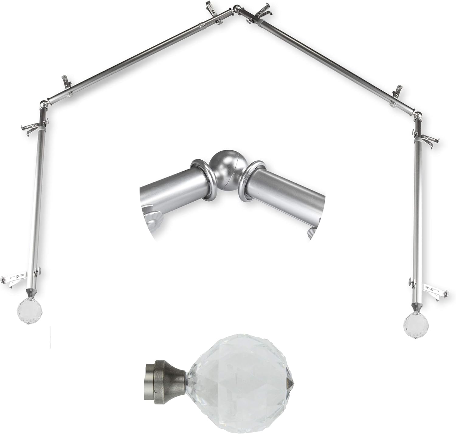 Satin Nickel Bay Window Curtain Rod Set - 4-Sided Sparkle Design