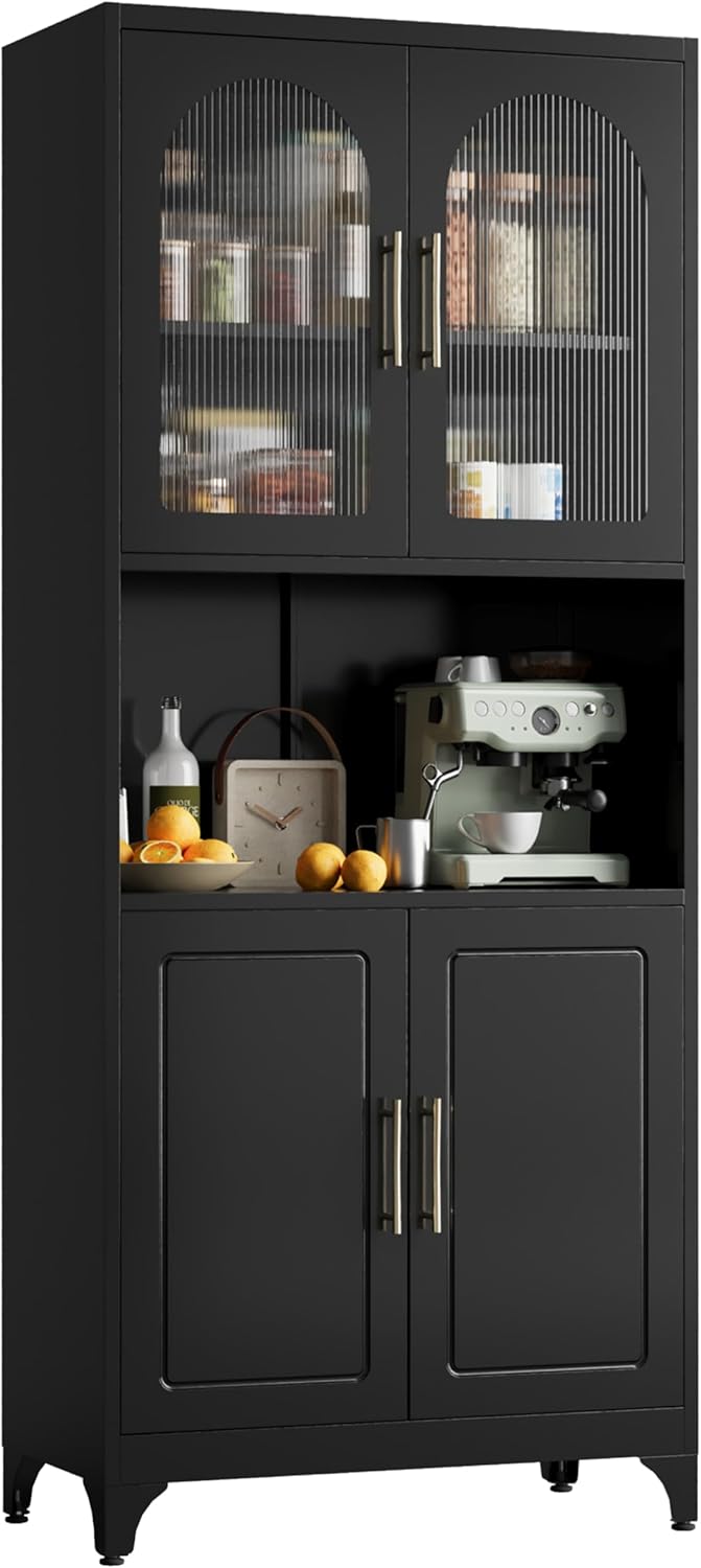 Kubohogar 75 Tall Black Pantry Cabinet - Adjustable Shelves, Acrylic Doors