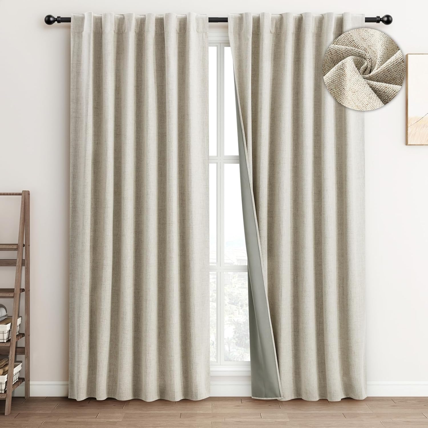 FLORECORD Beige Blackout Linen Curtains - 100% Darkening 52x90 Set