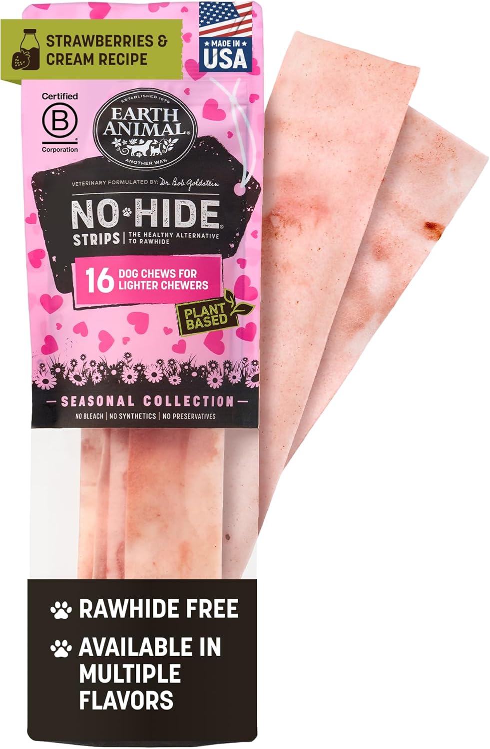 Earth Animal No Hide Strips for Dogs - Strawberries & Cream Treats