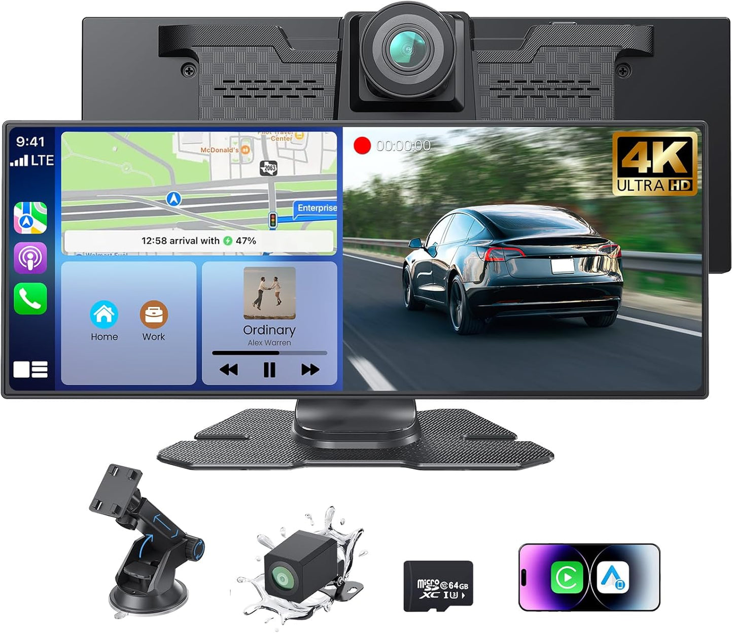 Portable CarPlay Screen with 4K Dash Cam and Voice Control
