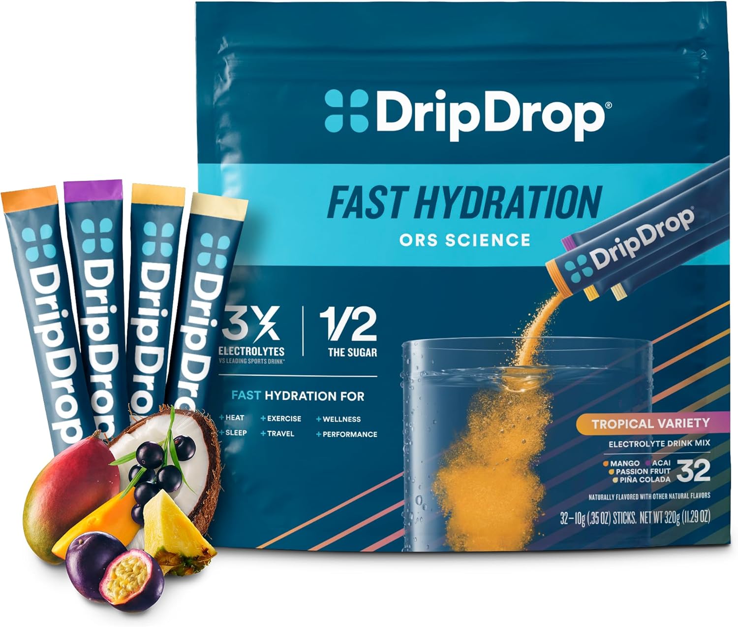 DripDrop Hydration Packets - Tropical Variety for Quick Hydration