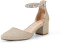 Pointed Toe Low Chunky Heels Pumps for Women - Rhinestone Strap