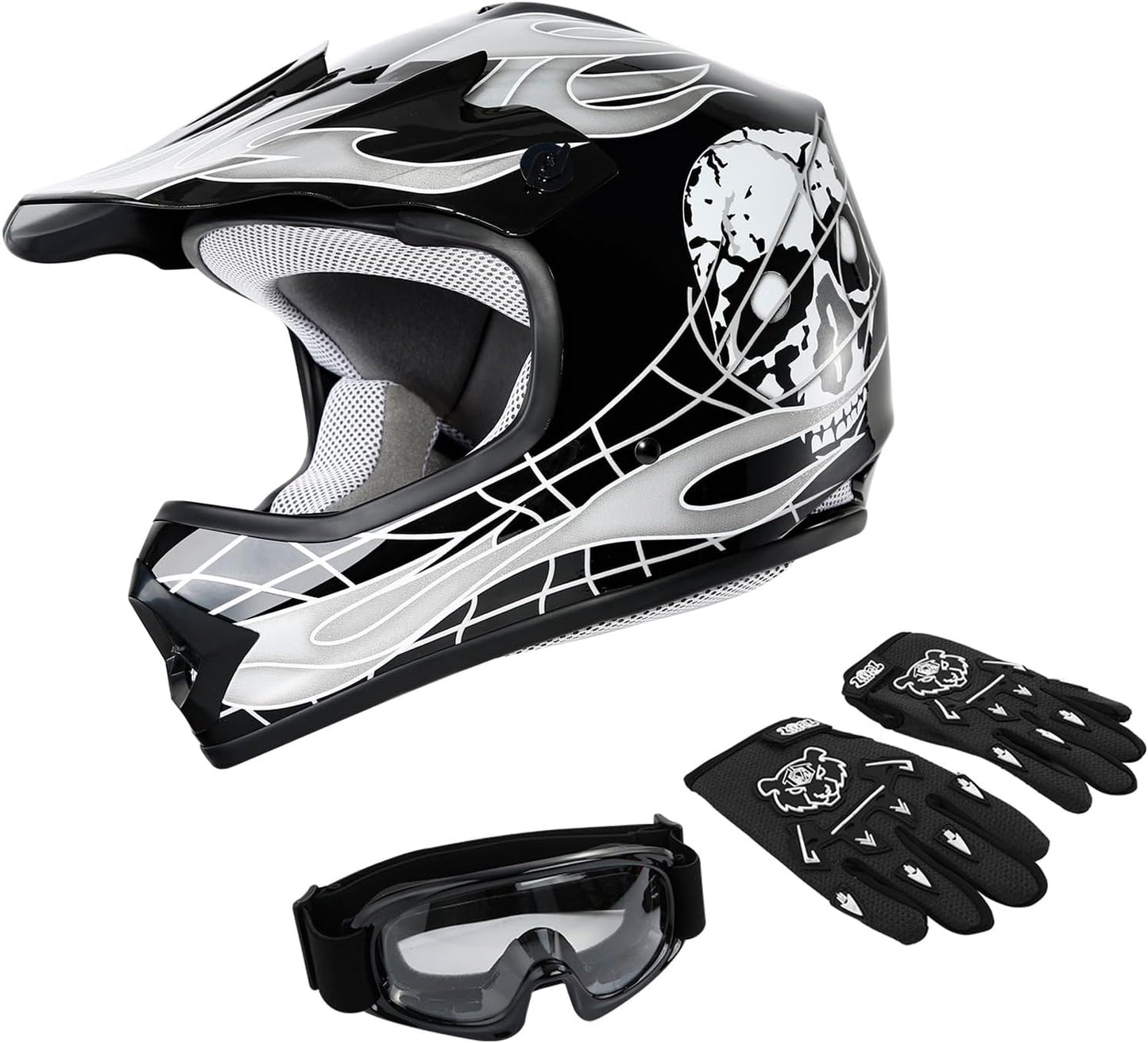 DOT Youth Kids Motocross Offroad Street Dirt Bike Helmet Black Skull