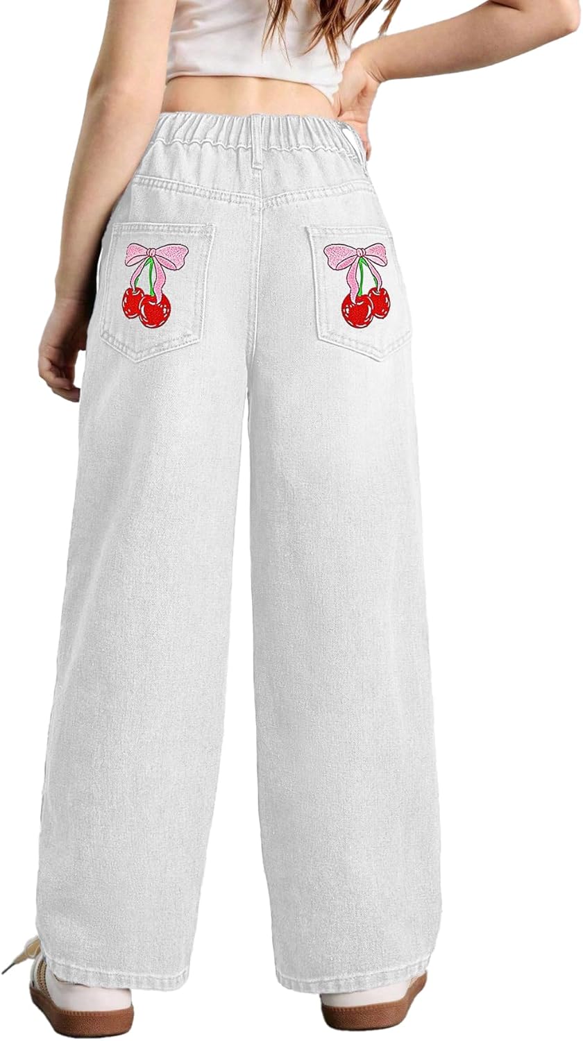 WDIRARA Girl's Bow Print High Waist Denim Pants for Stylish Look