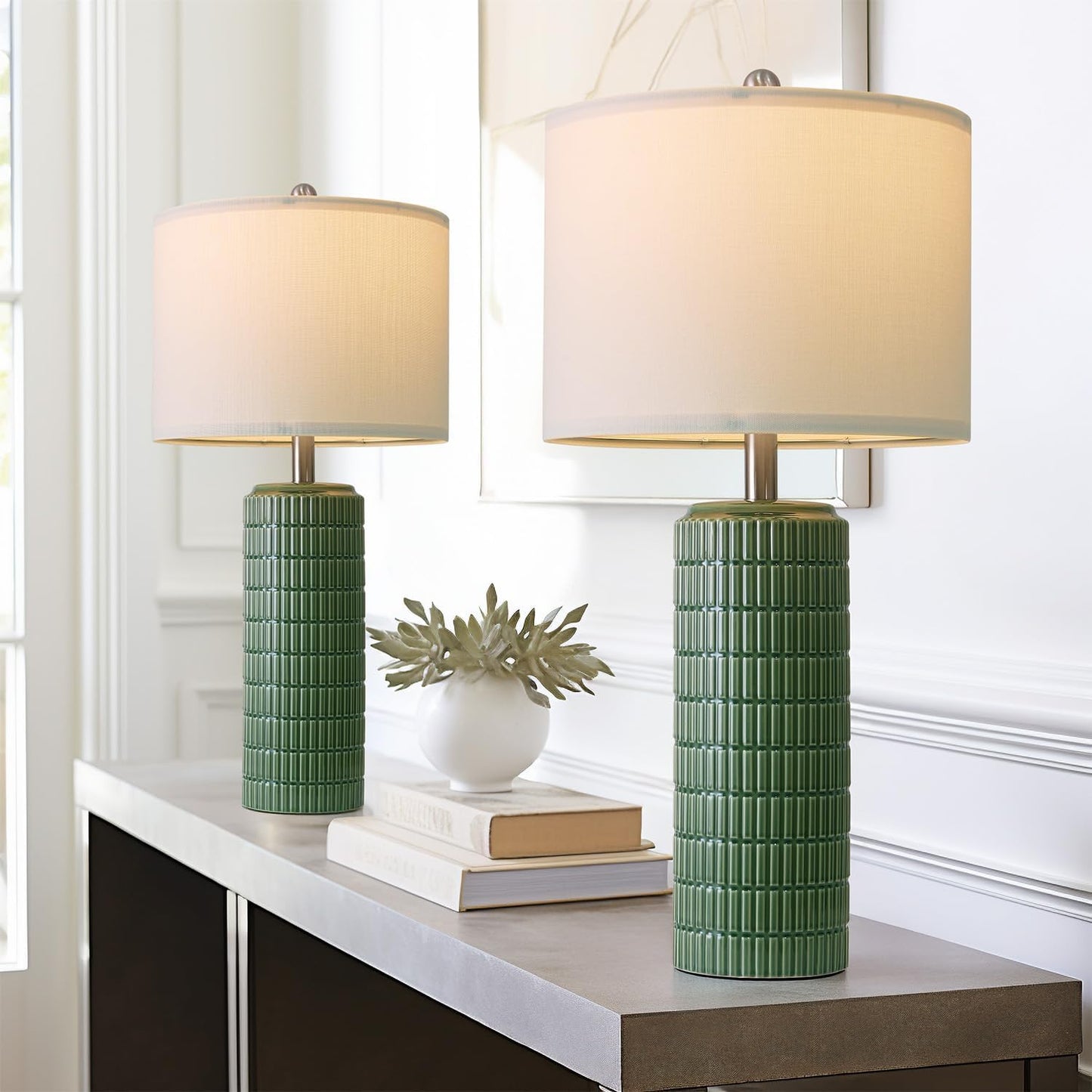 Dark Green Ceramic Table Lamps Set of 2 for Living Room Decor