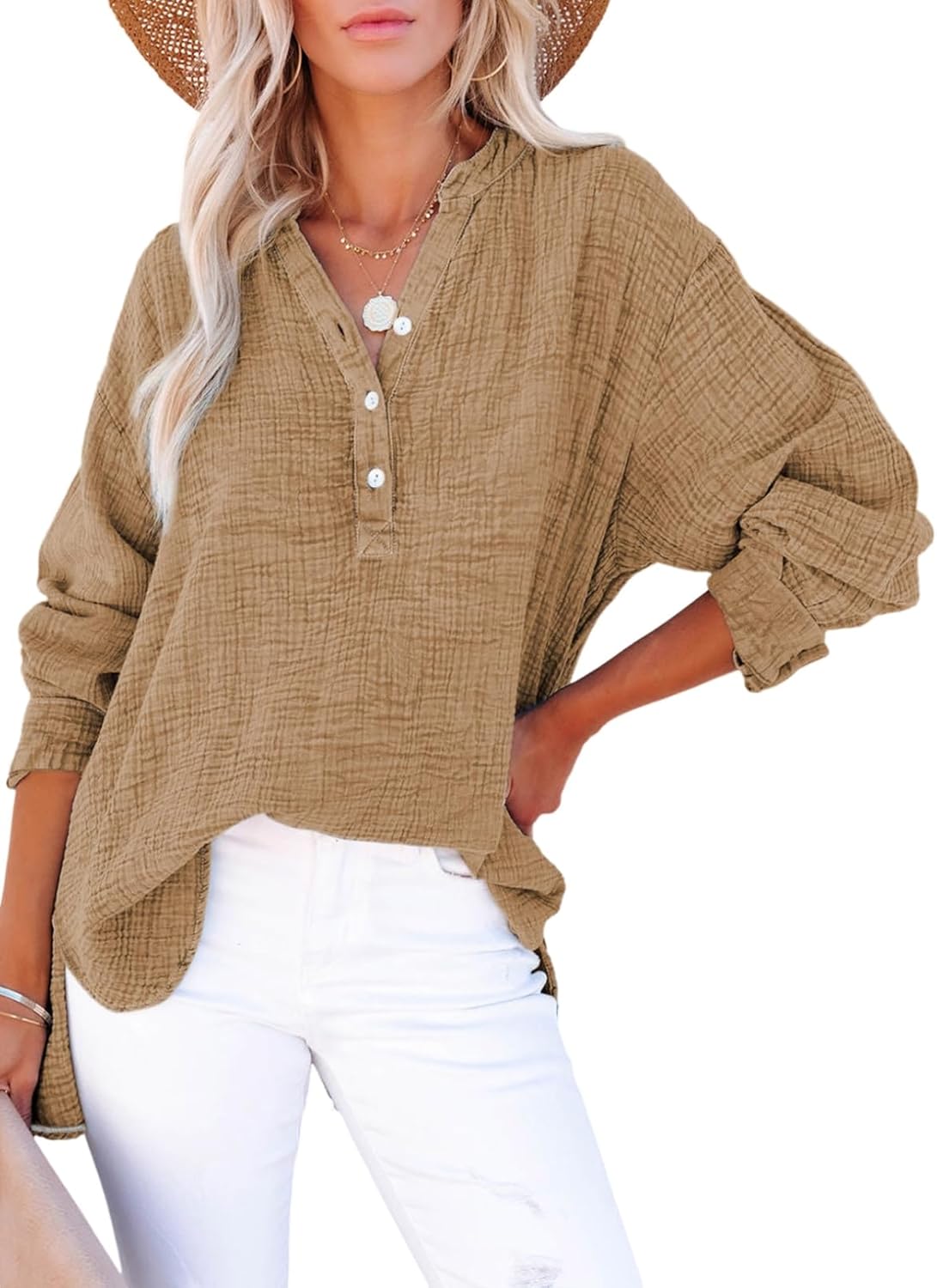 Dokotoo Womens Casual Button V Neck Long Sleeve Shirts Blouses
