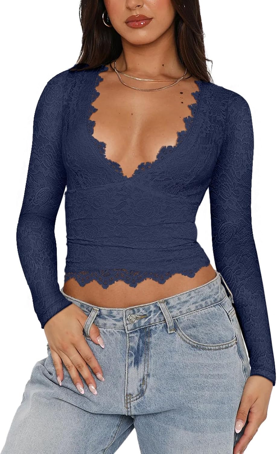 REORIA Womens Sexy V-Neck Long Sleeve Crop Top for Trendy Style