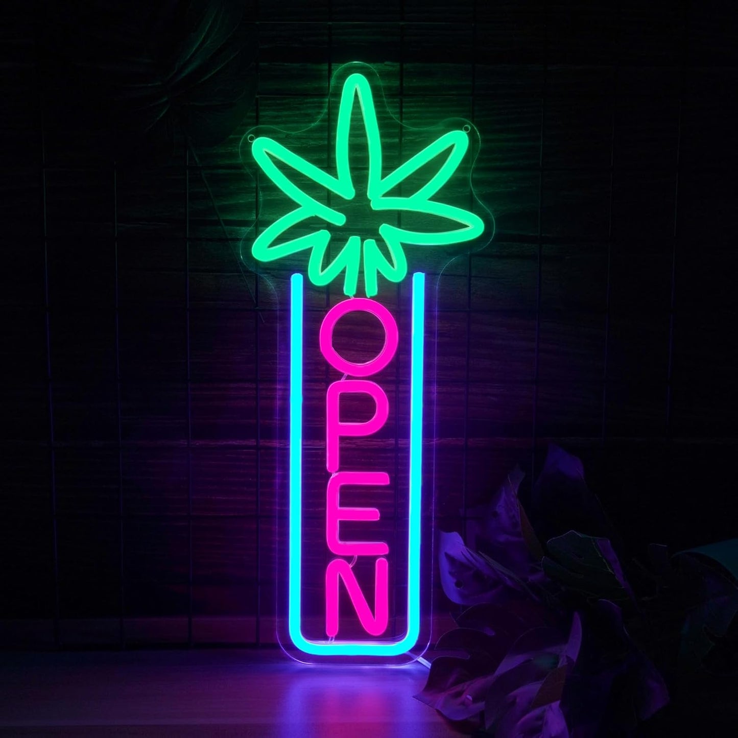 Green Leaf Neon Sign for Wall Decor - Dimmable LED Open Light