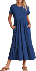 Womens Summer Maxi Dress Tiered Flowy Short Sleeve - Comfortable