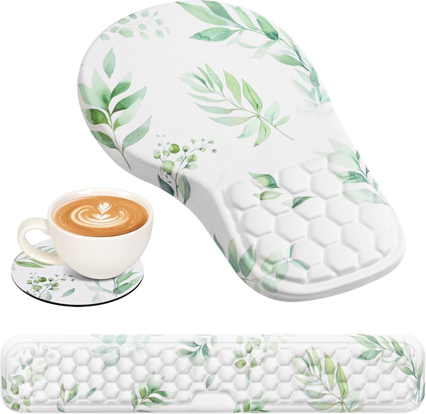 Ergonomic 3-in-1 Wrist Rest Set, Green Plant Design, Non-Slip - EYROZILL