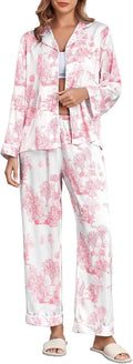 Women Satin Pajama Set - Silk Satin Button Up Pjs with Lace