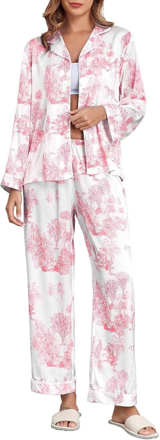 Luxurious Women's Silk Satin Pajamas Set with Lace Pattern