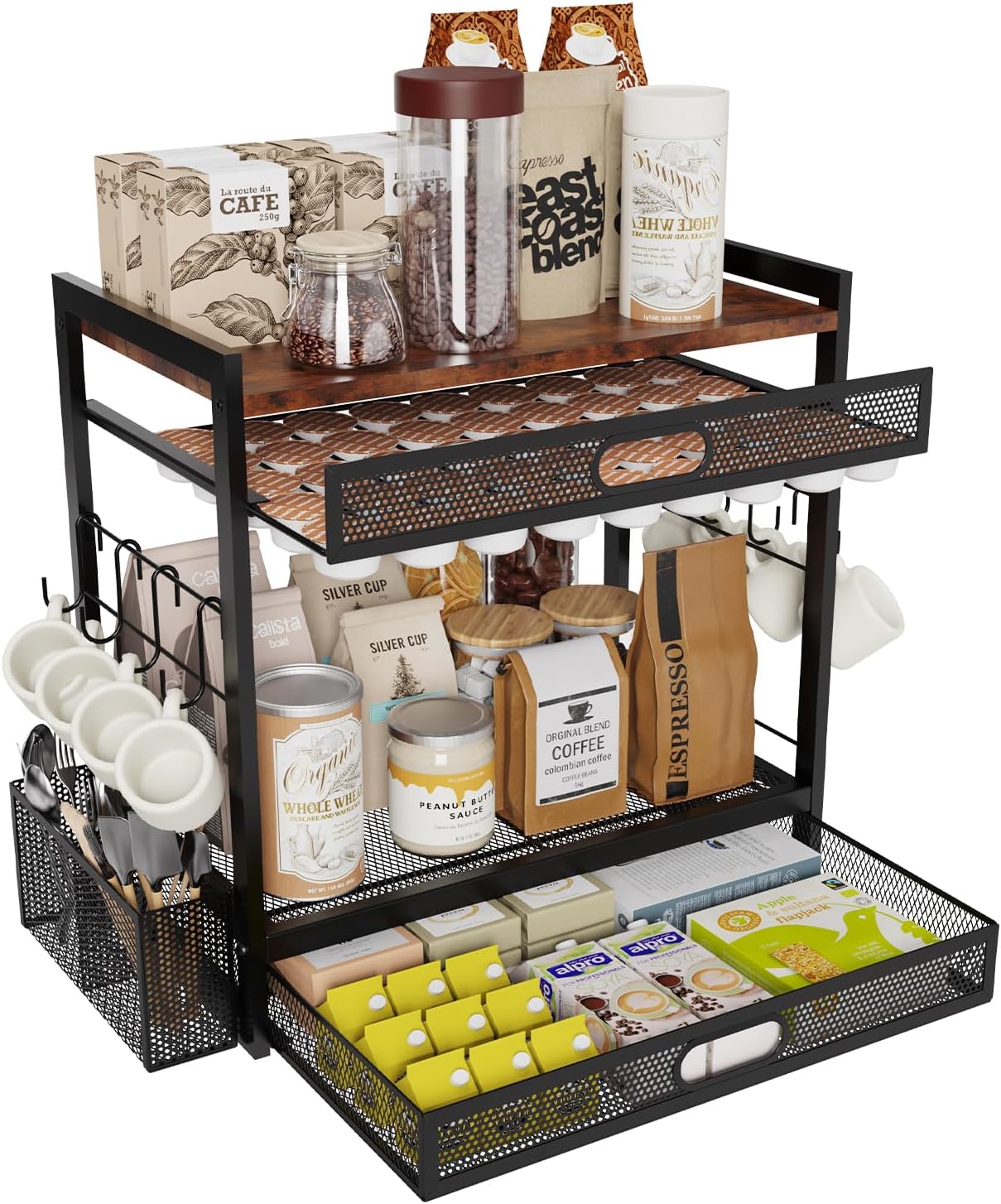 Coffee Bar Organizer Station with Drawer and Mug Holder for Home