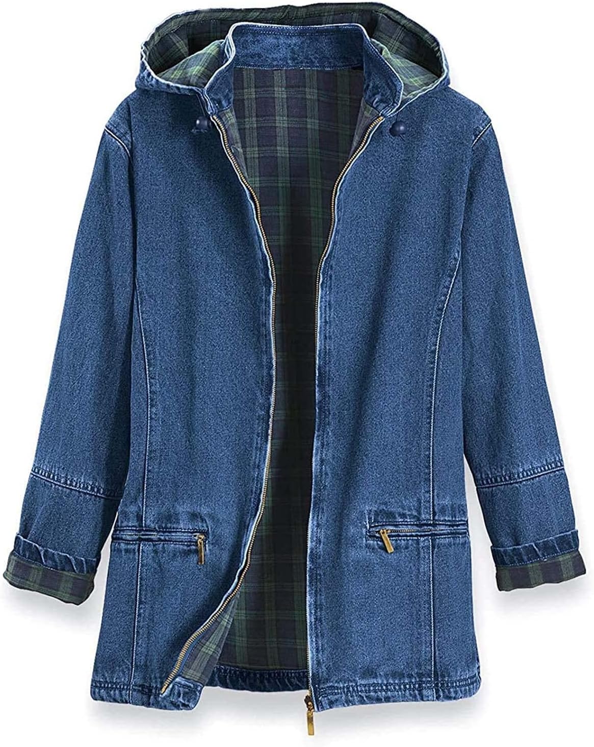Stylish Womens Flannel Lined Denim Jacket with Detachable Hood