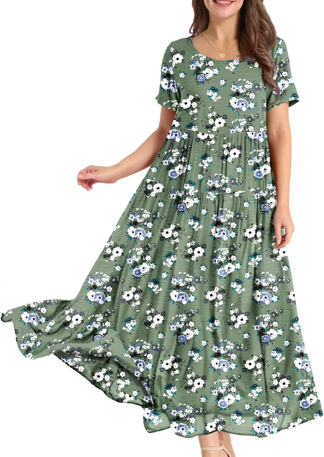 YESNO Women Casual Loose Bohemian Floral Dress with Pockets