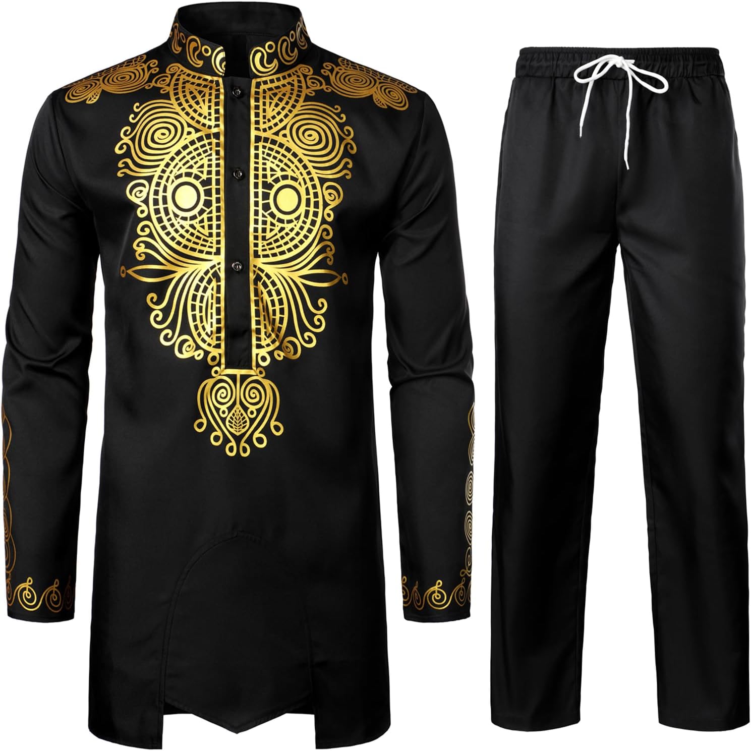 ZEROYAA Men's Africa Suit Long Sleeve Print Dashiki Outfit Set