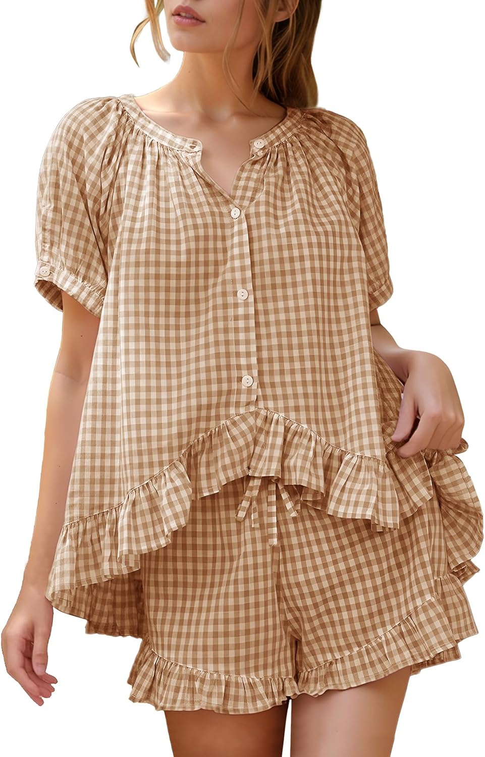 Flygo Womens Gingham Pajamas Set for Summer Comfort and Style