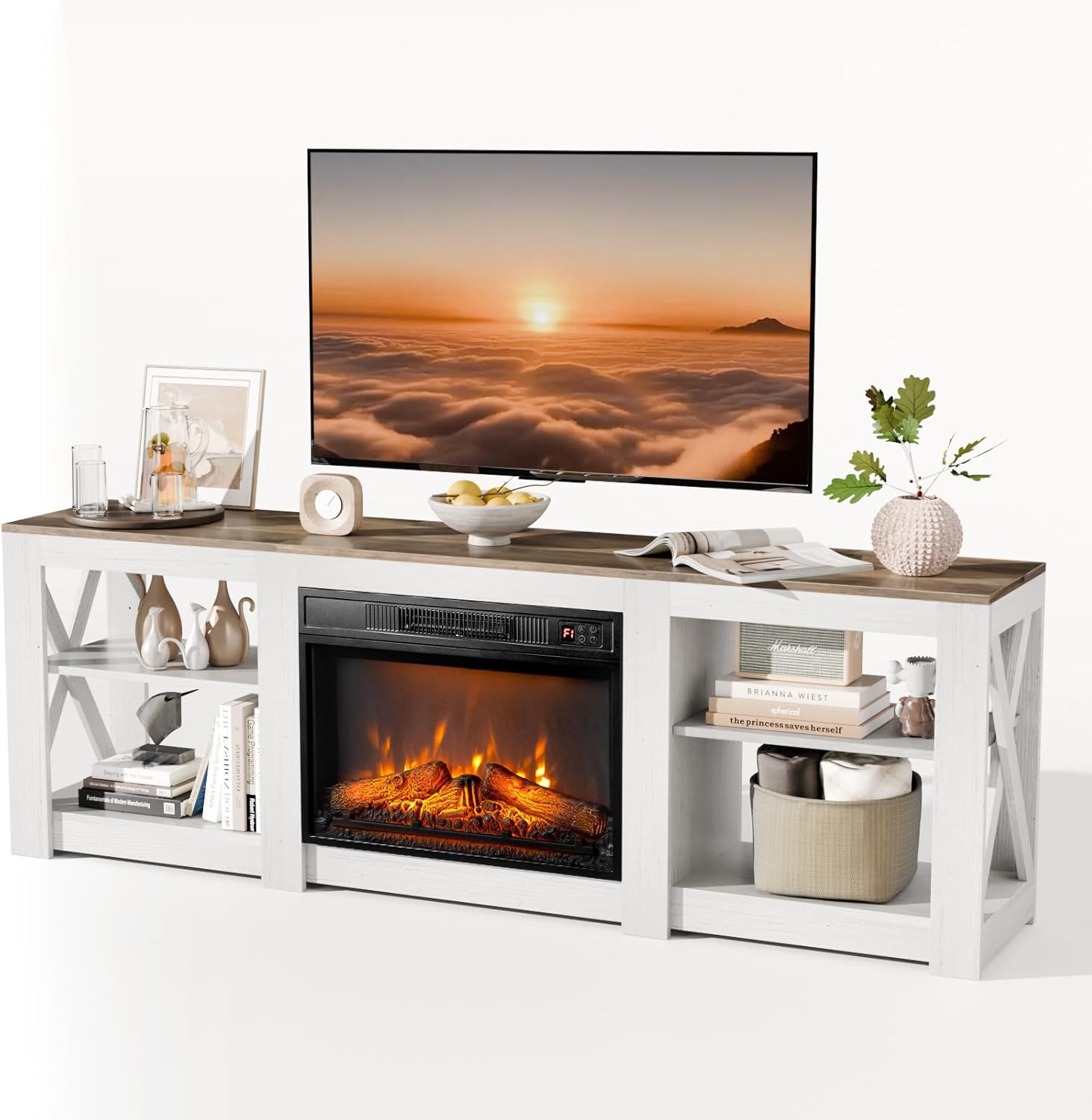 VINGLI Fireplace TV Stand for 80 inch TVs with Electric Heater