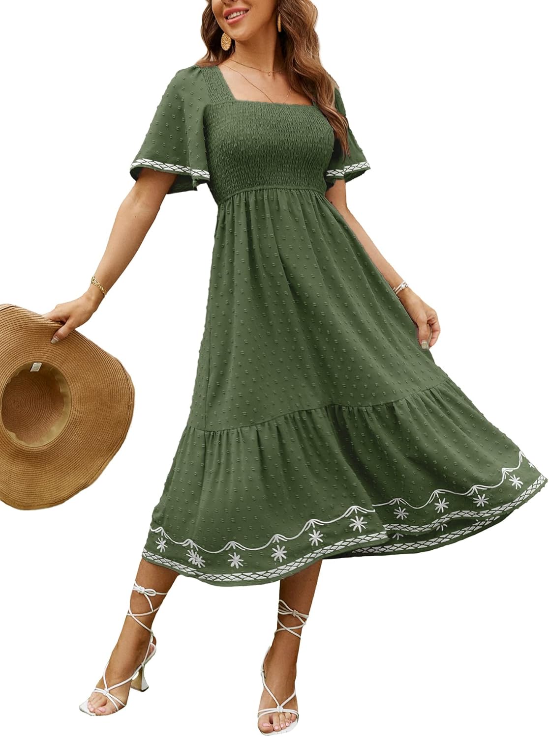 Glamaker Women's Short Sleeve Smocked Square Neck Maxi Dress
