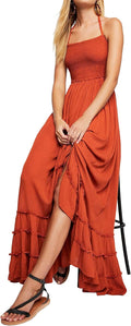 Womens Summer Boho Backless Long Cotton Rayon Dress - Flowy Halter