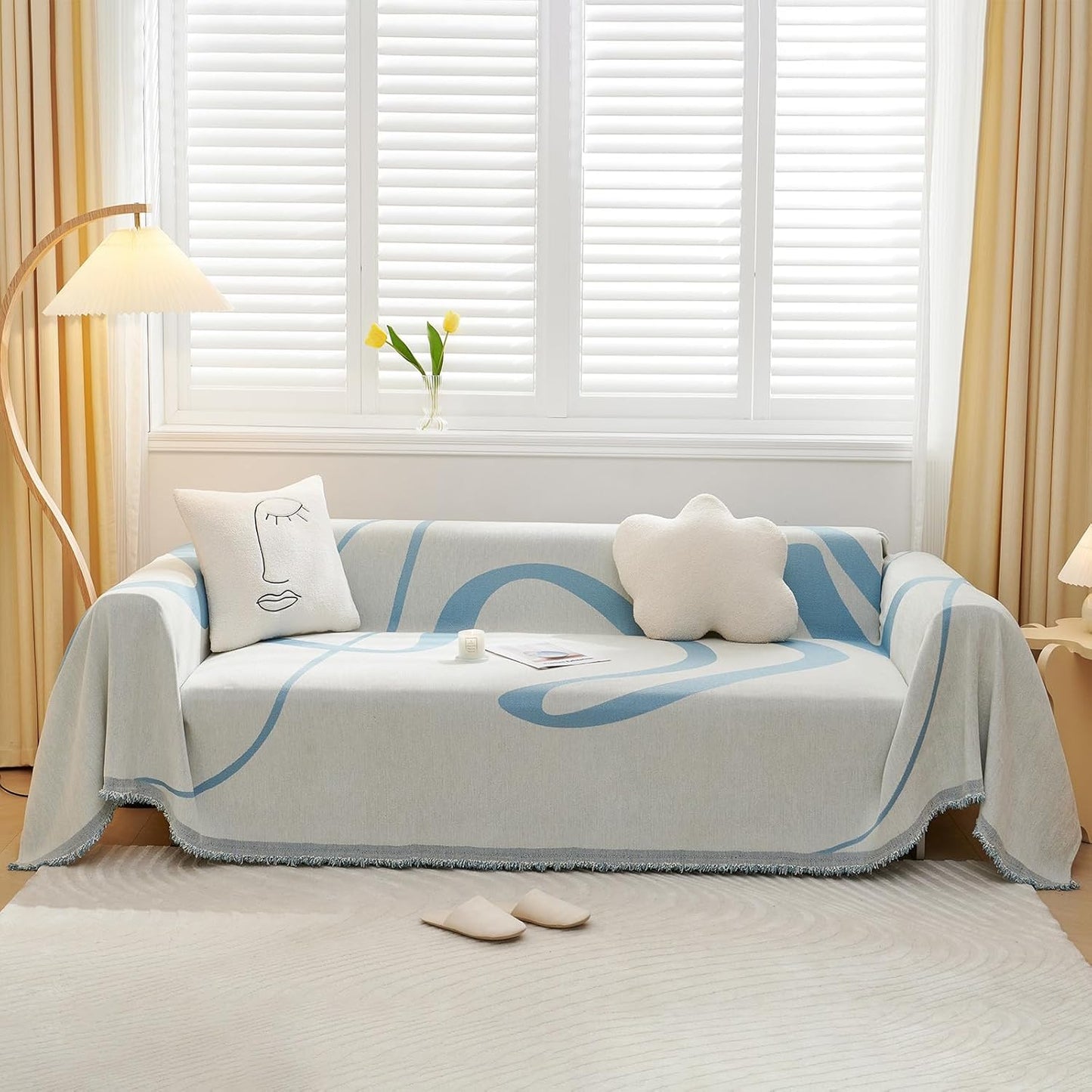 VClife Modern Blue Striped XXL Couch Cover for 3 Cushion Sofa