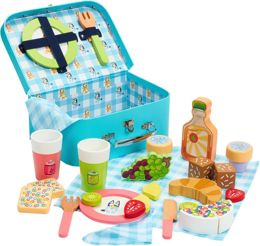Bluey Picnic Roleplay Set - 30 Piece Wooden Toy Kit for Creative Kids