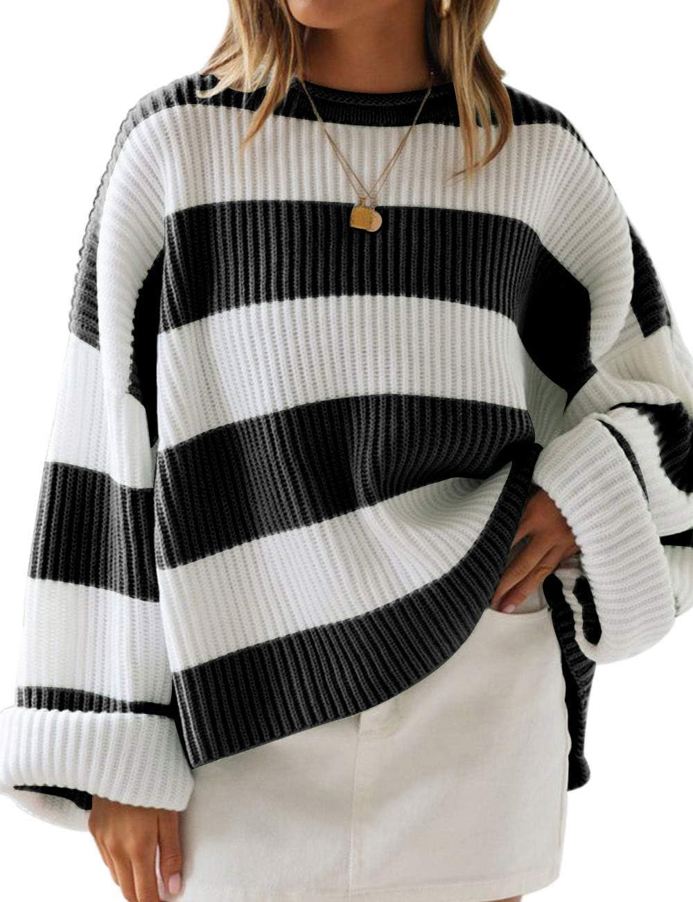 ZESICA Women's Oversized Striped Color Block Sweater for Fall