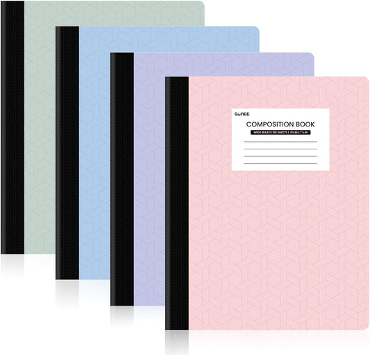 SUNEE 4-Pack Composition Notebooks - Wide Ruled, 80 Sheets, Assorted Colors