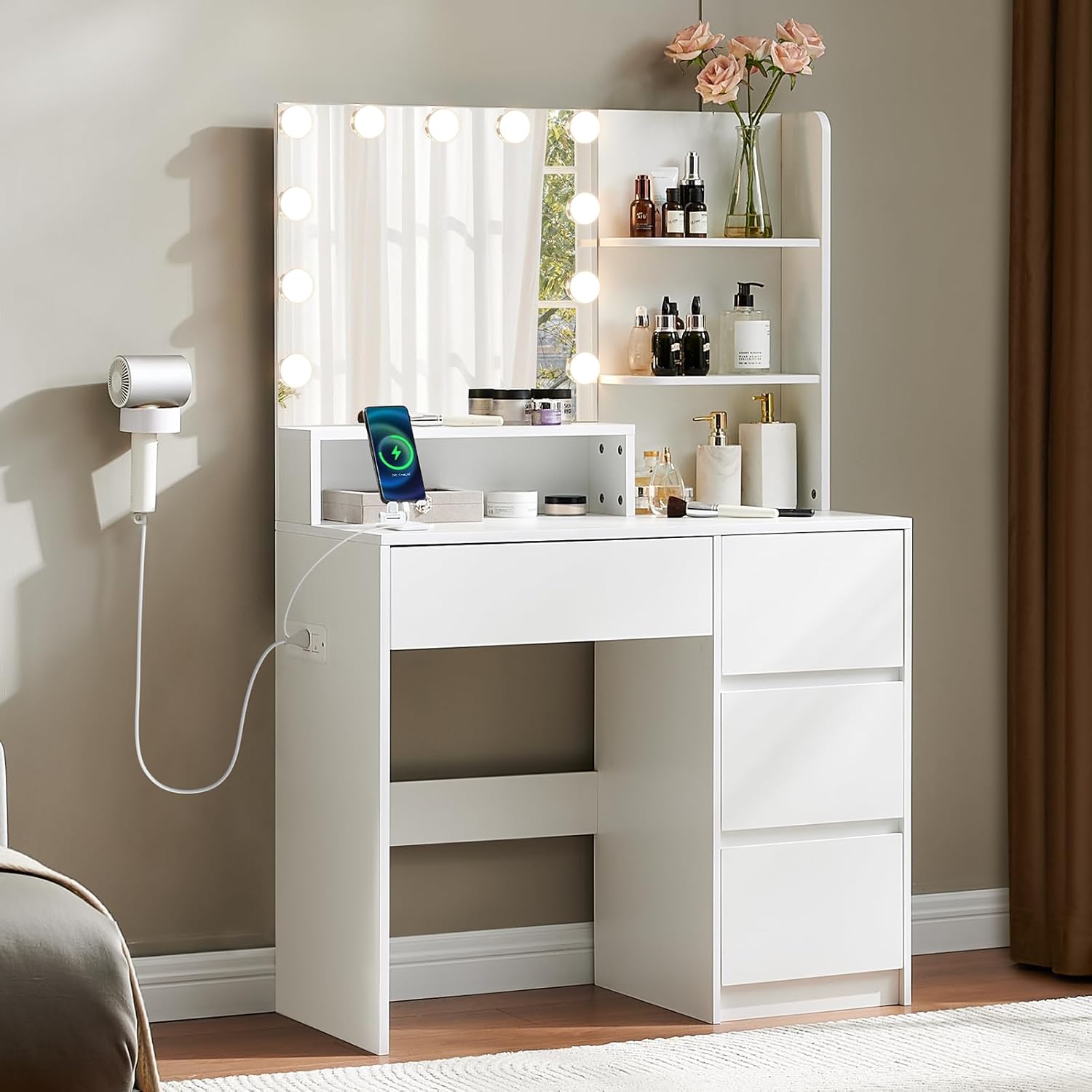 Compact Vanity Desk with Lights & Storage