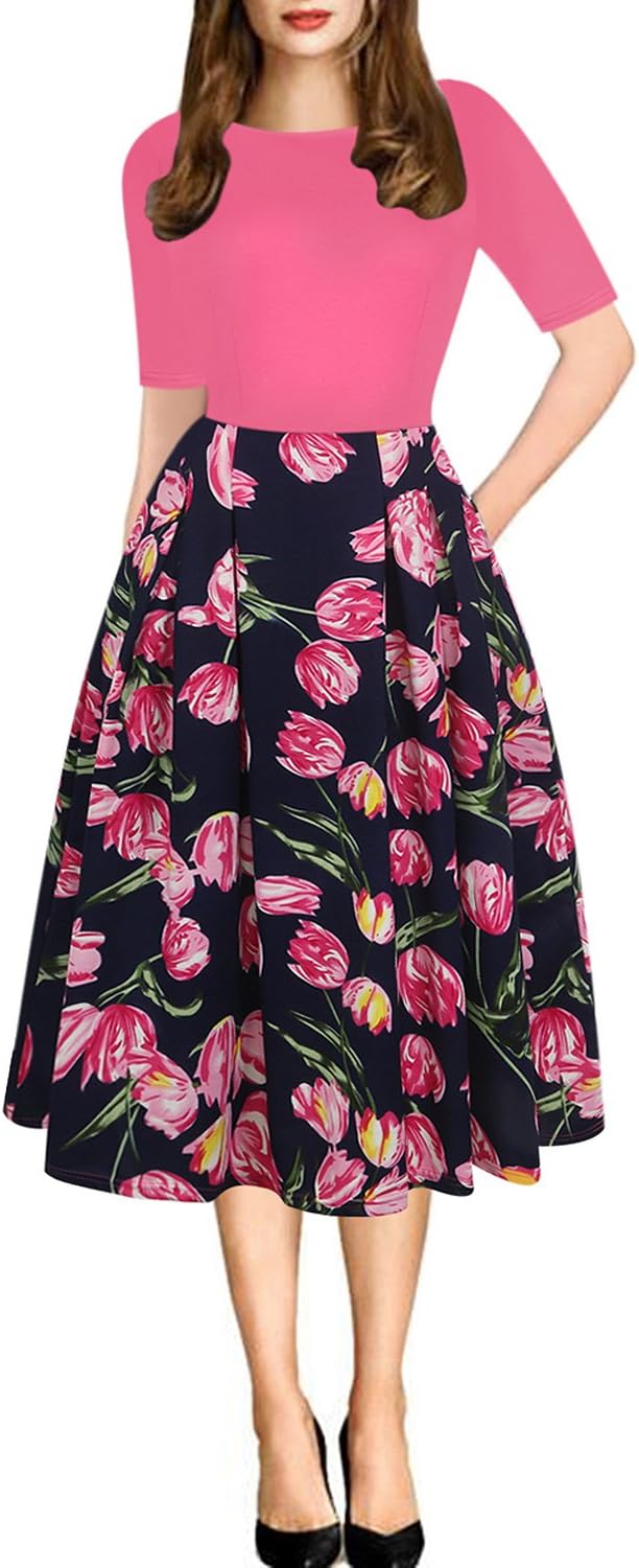Oxiuly Women's Vintage Patchwork Pockets Dress for Parties