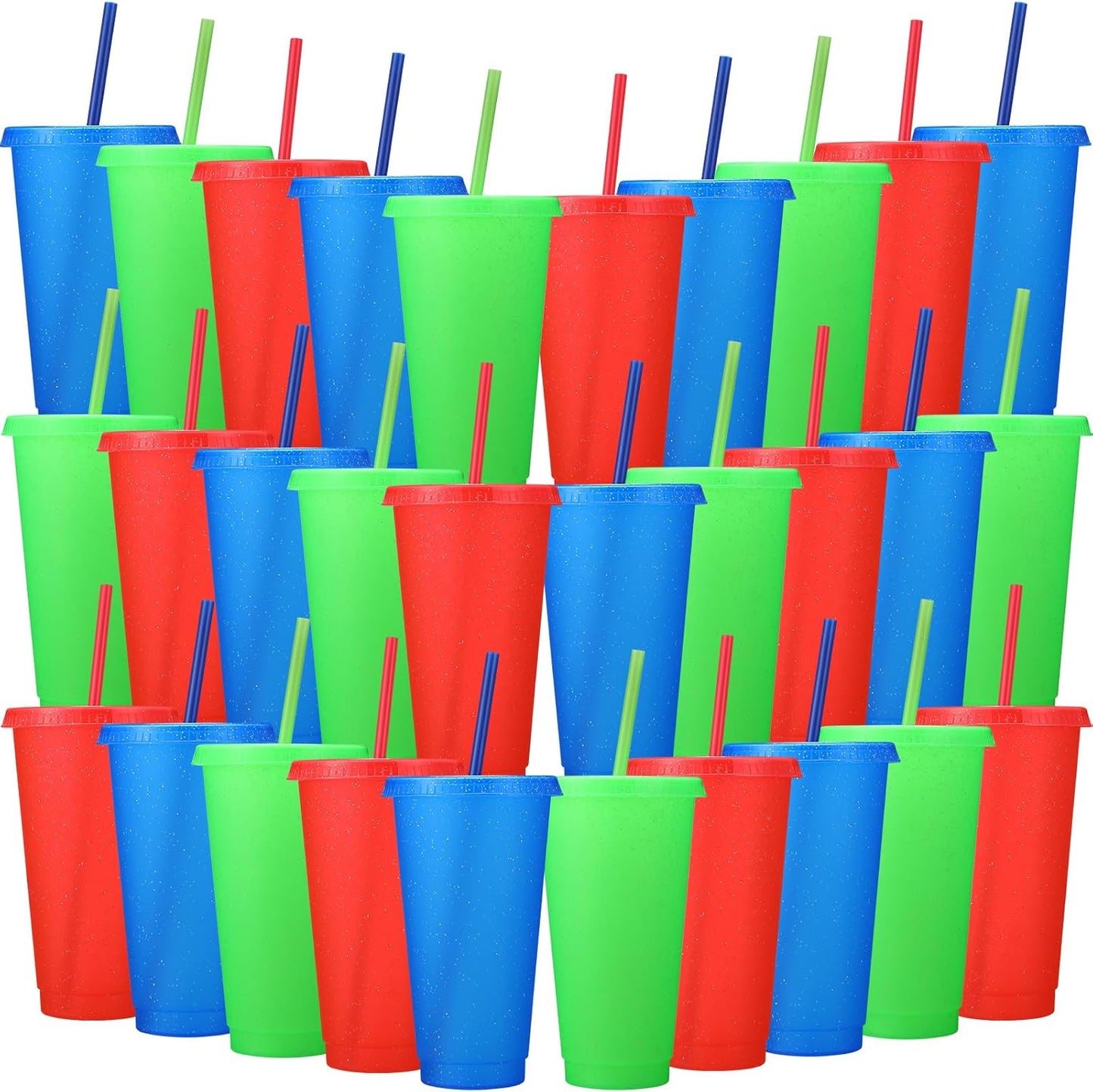 30 Pack Glitter Plastic Cups with Straw and Lid for Parties
