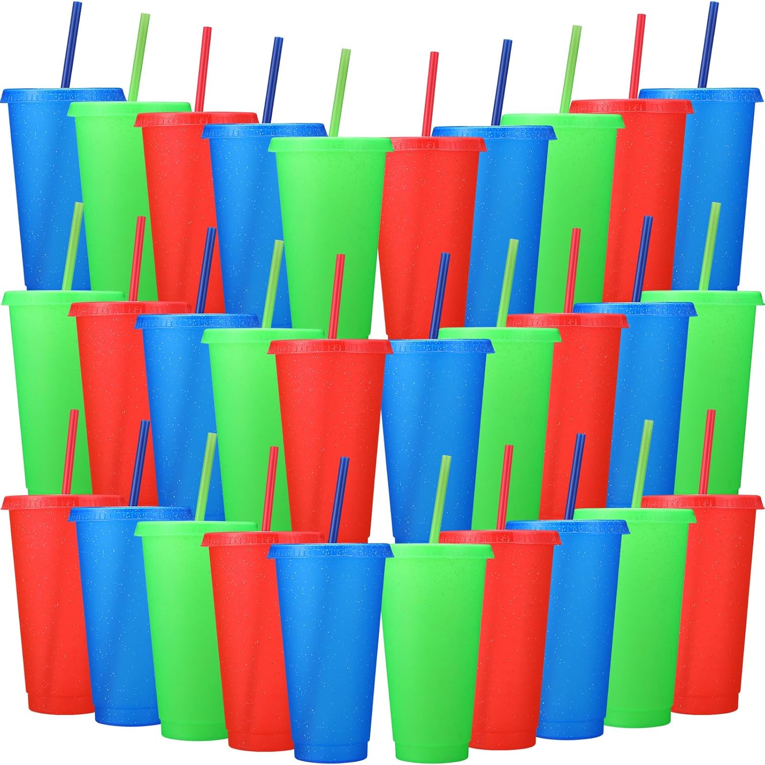 30 Pack Glitter Plastic Cups with Straw and Lid for Parties