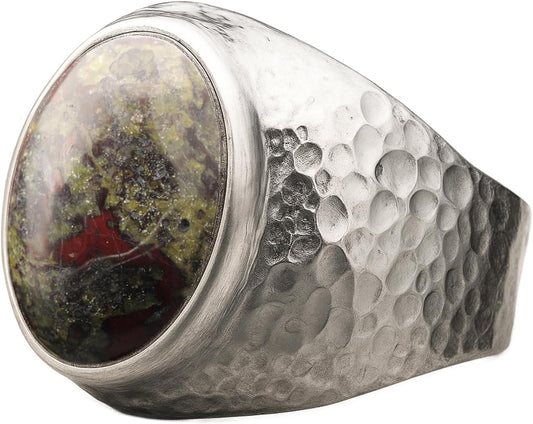 Natural Aventurine Crystal Ring for Men in Hammered Silver